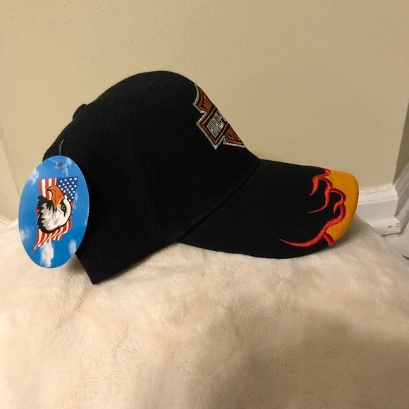 Vintage 🆕 Harley Davidson Motorcycle Baseball Cap Hat Black w/ Orange Flames - Picture 2 of 4